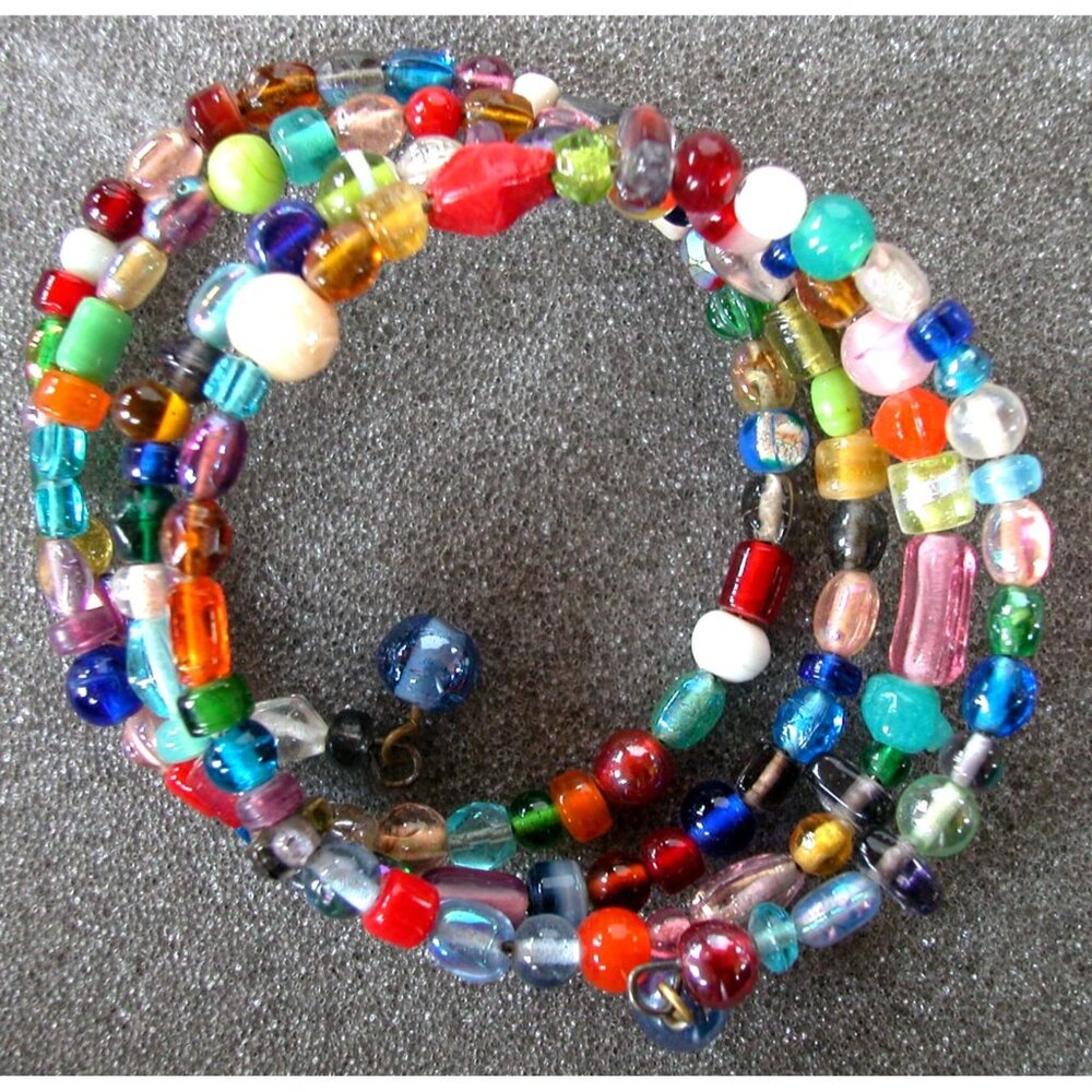 Multi-Colored Glass Beaded Coil Bracelet 7" Stretch Adjustable